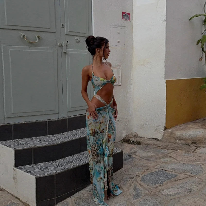 Robe longue ajourée à imprimé floral pour femme