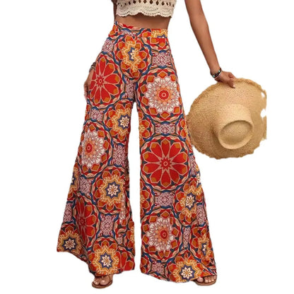 Pantalon rouge de style ethnique, taille haute