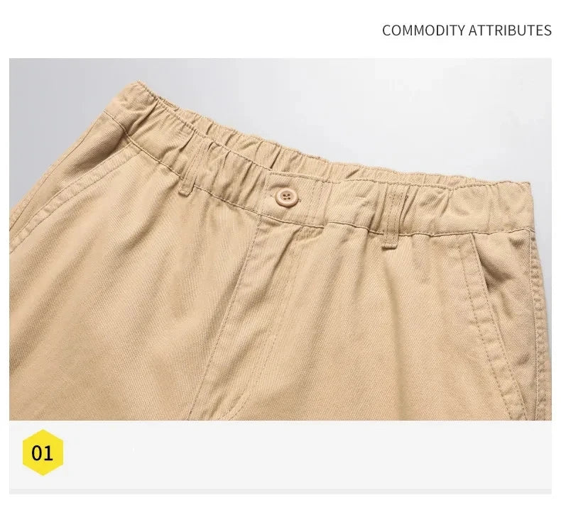 2025 100% Cotton Cargo Pants Men Solid Color Large Pocket Loose Overalls Elastic Waist Casual Trousers Military Tacticl Pants