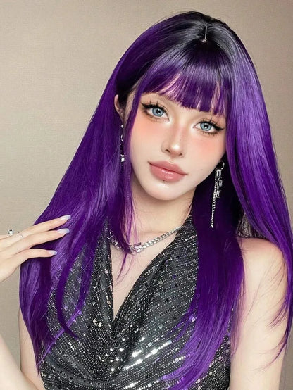 Perruques synthétiques longues et lisses noires et violettes ombrées pour femmes