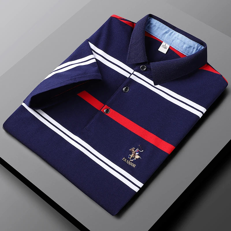 Polo d'été classique à rayures pour homme, en coton, à manches courtes, brodé, décontracté