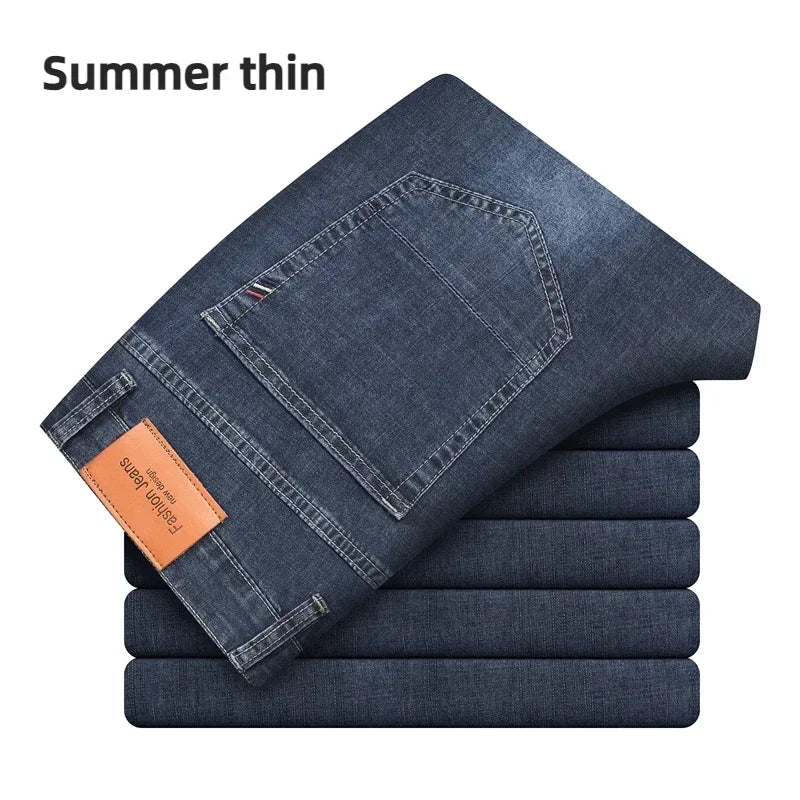 2024 Brand Thin or Thick Material Men's Elastic Cotton Jeans Fashion Gray Comfortable Denim Business Casual High Waist Pants