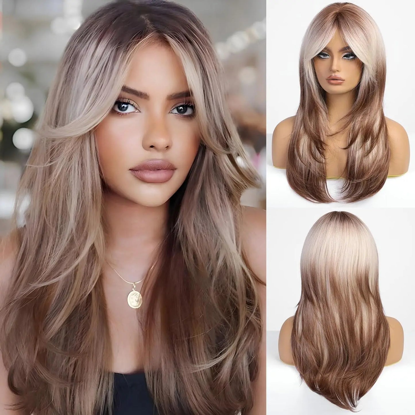 Perruques synthétiques longues et lisses noires et violettes ombrées pour femmes