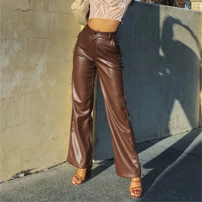 Pantalon en cuir PU taille haute, élégant et uni, style urbain