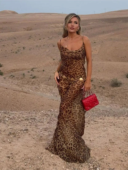 Robe sexy à imprimé léopard, sans manches, dos nu, coupe ajustée, style queue de poisson