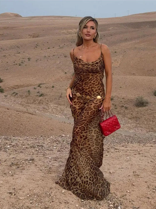 Robe sexy à imprimé léopard, sans manches, dos nu, coupe ajustée, style queue de poisson