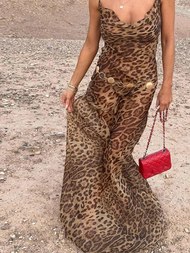 Robe sexy à imprimé léopard, sans manches, dos nu, coupe ajustée, style queue de poisson