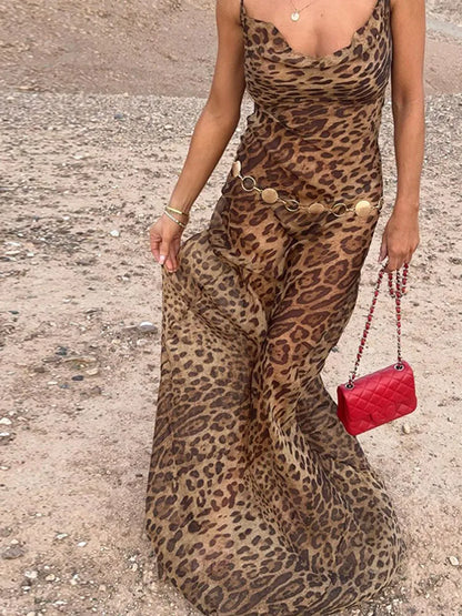 Robe sexy à imprimé léopard, sans manches, dos nu, coupe ajustée, style queue de poisson