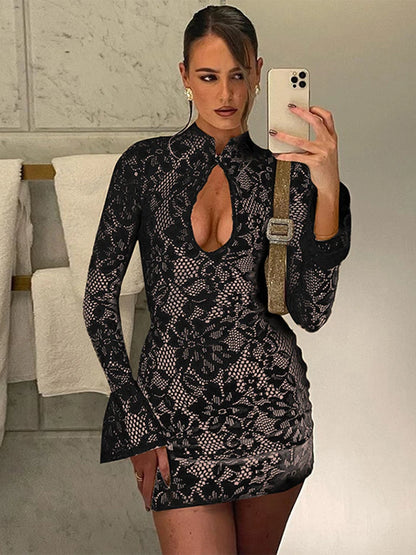 Robe courte sexy en dentelle ajourée pour femme