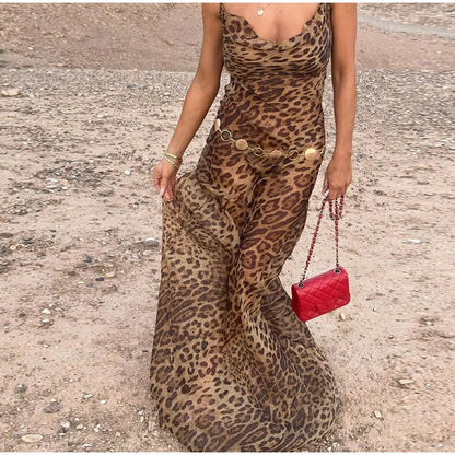 Robe sexy à imprimé léopard, sans manches, dos nu, coupe ajustée, style queue de poisson