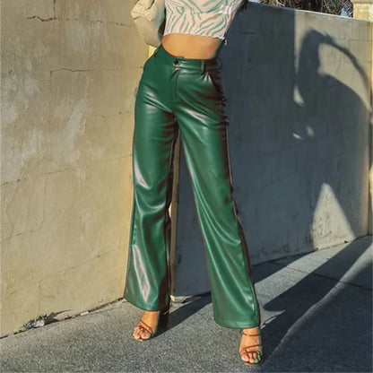 Pantalon en cuir PU taille haute, élégant et uni, style urbain