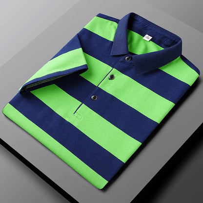 Polo d'été classique à rayures pour homme, en coton, à manches courtes, brodé, décontracté