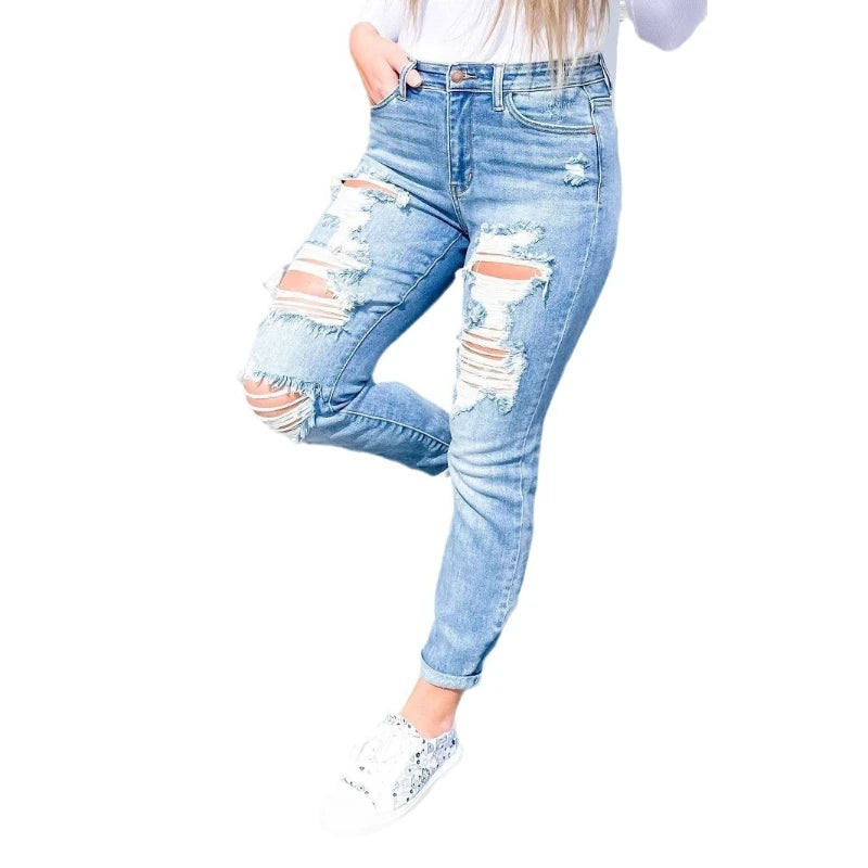 Jeans Femme Pantalon Long Denim Trou Crayon