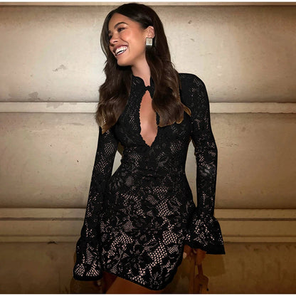 Robe courte sexy en dentelle ajourée pour femme