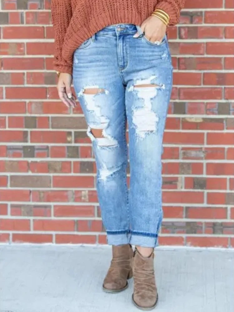 Jeans Femme Pantalon Long Denim Trou Crayon