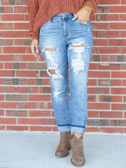 Jeans Femme Pantalon Long Denim Trou Crayon