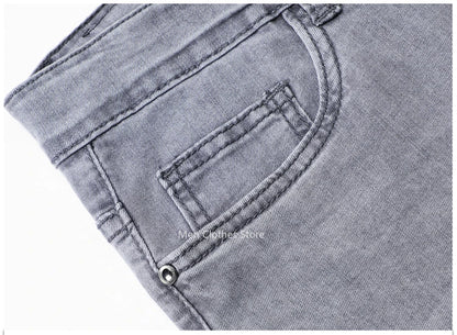 2024 Brand Thin or Thick Material Men's Elastic Cotton Jeans Fashion Gray Comfortable Denim Business Casual High Waist Pants