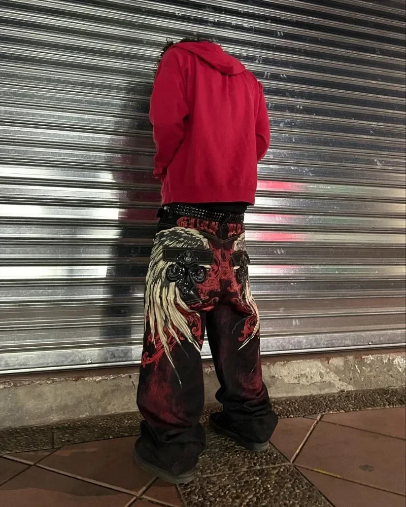 2000s Street Fashion Pants New Oversized Letter Embroidered Loose Jeans Men Harajuku Retro Goth High Waist Casual Wide Leg Pants