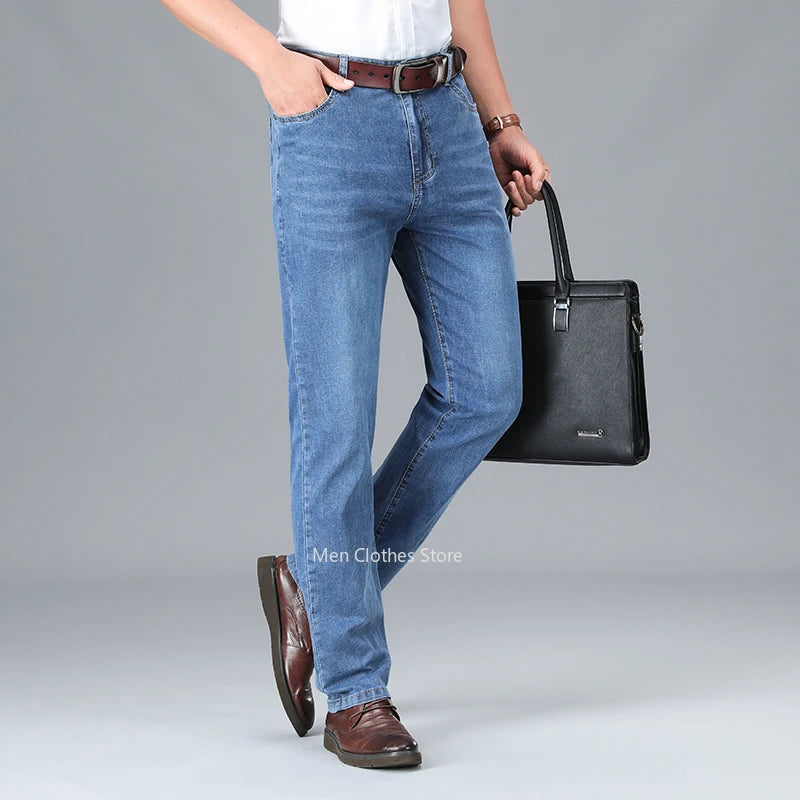 2024 Brand Thin or Thick Material Men's Elastic Cotton Jeans Fashion Gray Comfortable Denim Business Casual High Waist Pants
