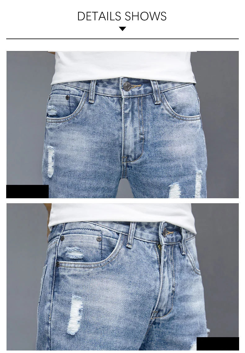 TFETTERS 2025 Spring Summer Men Ripped Jeans Cropped Mid Rise Stretch Hip Hop Punk Pencil Pants Streetwear Party Men Clothing