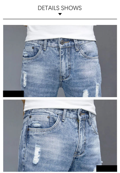 TFETTERS 2025 Spring Summer Men Ripped Jeans Cropped Mid Rise Stretch Hip Hop Punk Pencil Pants Streetwear Party Men Clothing