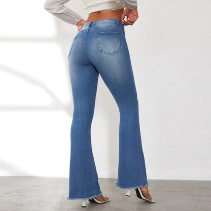 Women Flare Jeans Denim Pants Ankle Length Pockets Y2k Streetwear Mom Jeans High Waist Washed Bleached Vintage Streetwear Skinny