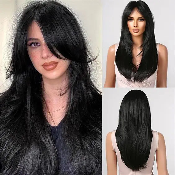 Perruques synthétiques longues et lisses noires et violettes ombrées pour femmes