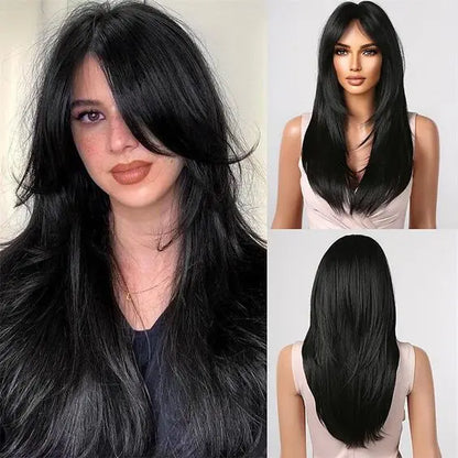 Perruques synthétiques longues et lisses noires et violettes ombrées pour femmes