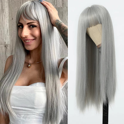 Perruques synthétiques longues et lisses noires et violettes ombrées pour femmes