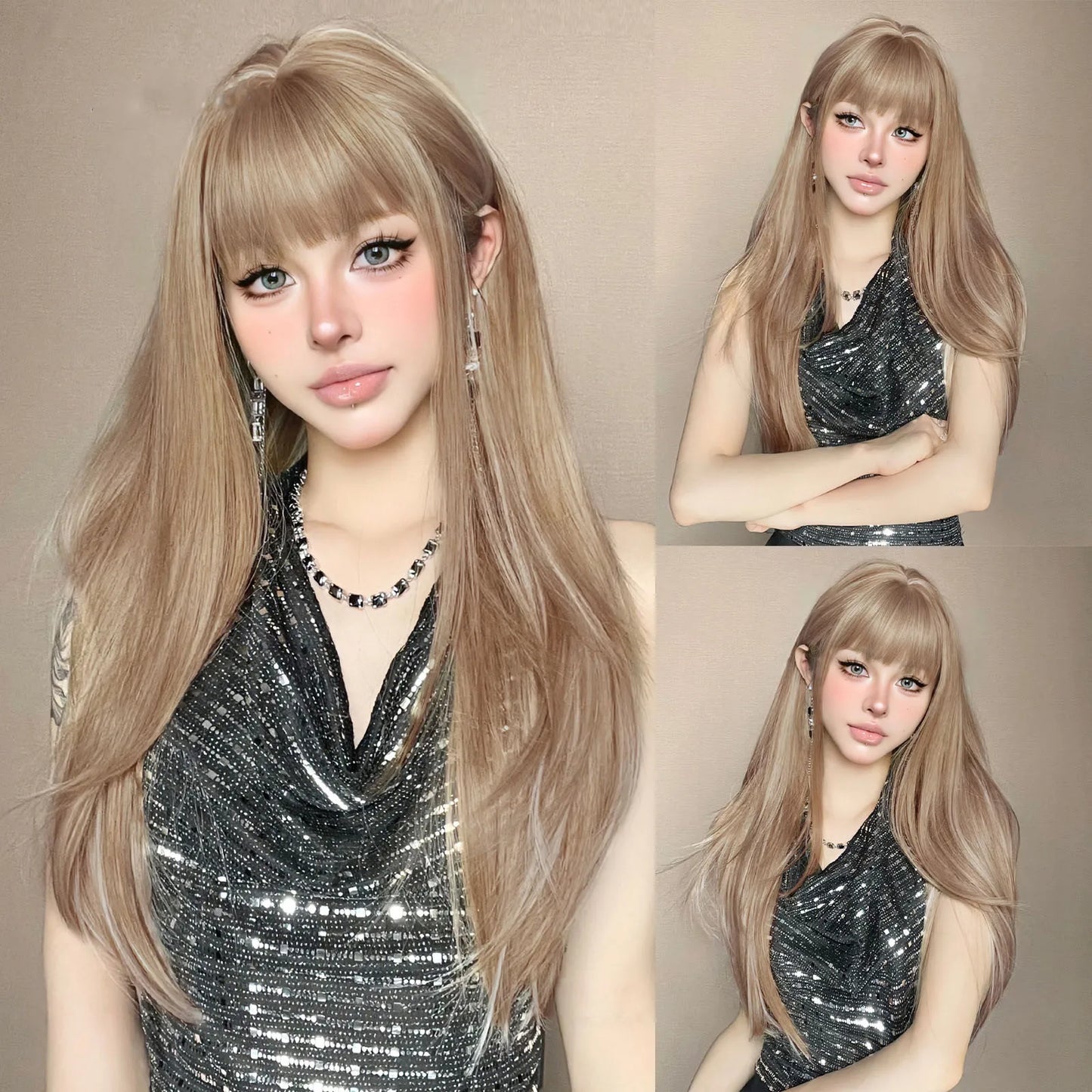 Perruques synthétiques longues et lisses noires et violettes ombrées pour femmes