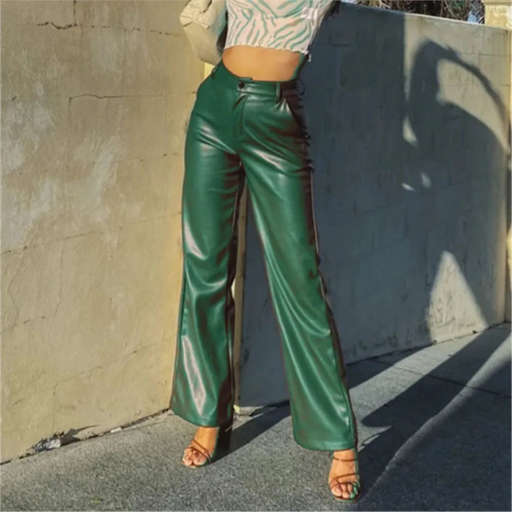 Pantalon en cuir PU taille haute, élégant et uni, style urbain