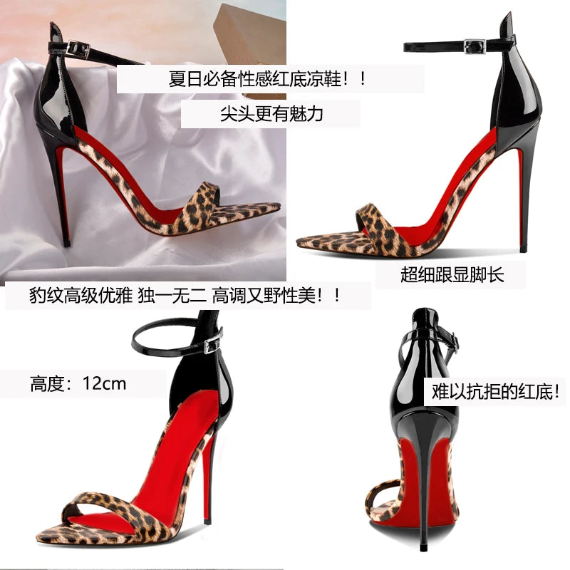 New leopard print pointed toe exposed toe straight strap thin heel sandals for women, sexy red soled fashion high heels