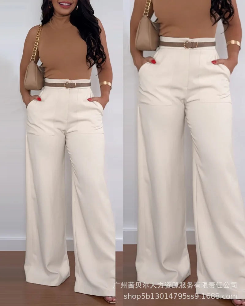 Pantalons longs pour femmes, larges, taille haute et  droit