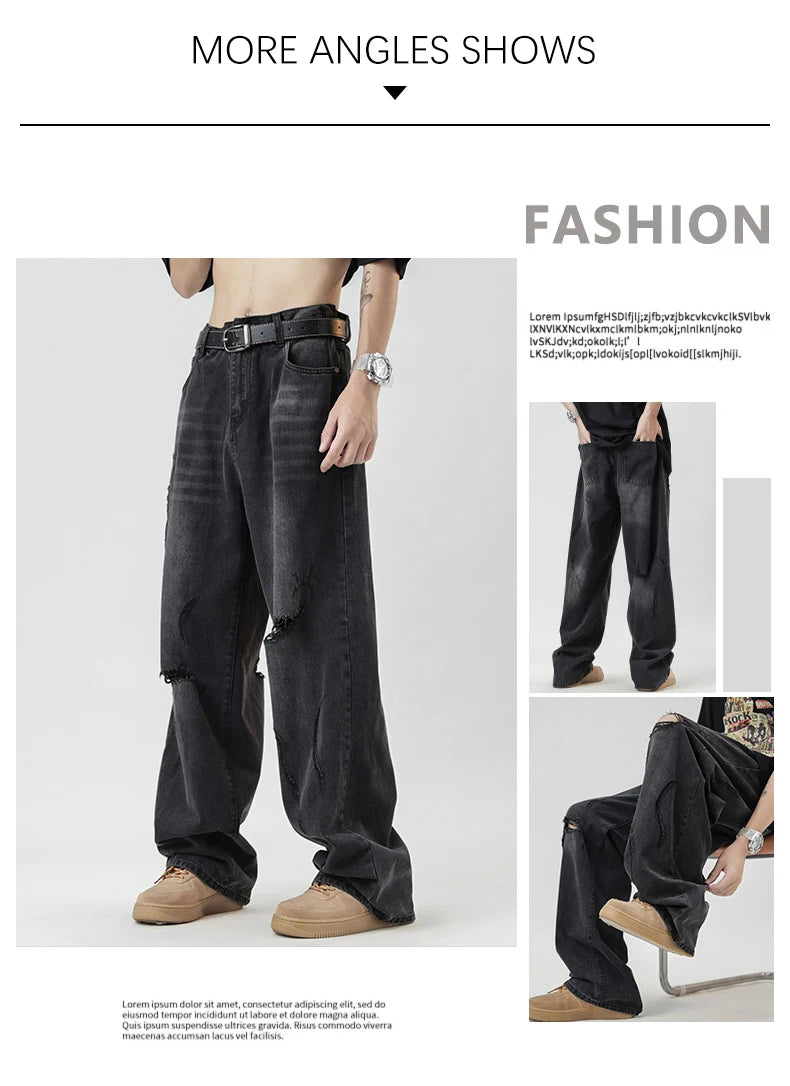 TFETTERS 2025 Summer New Ripped Jeans Men Vintage Mid Rise Straight Leg Designer Jeans Fashion Hip Hop Streetwear Men Clothing