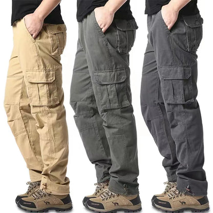 2025 100% Cotton Cargo Pants Men Solid Color Large Pocket Loose Overalls Elastic Waist Casual Trousers Military Tacticl Pants