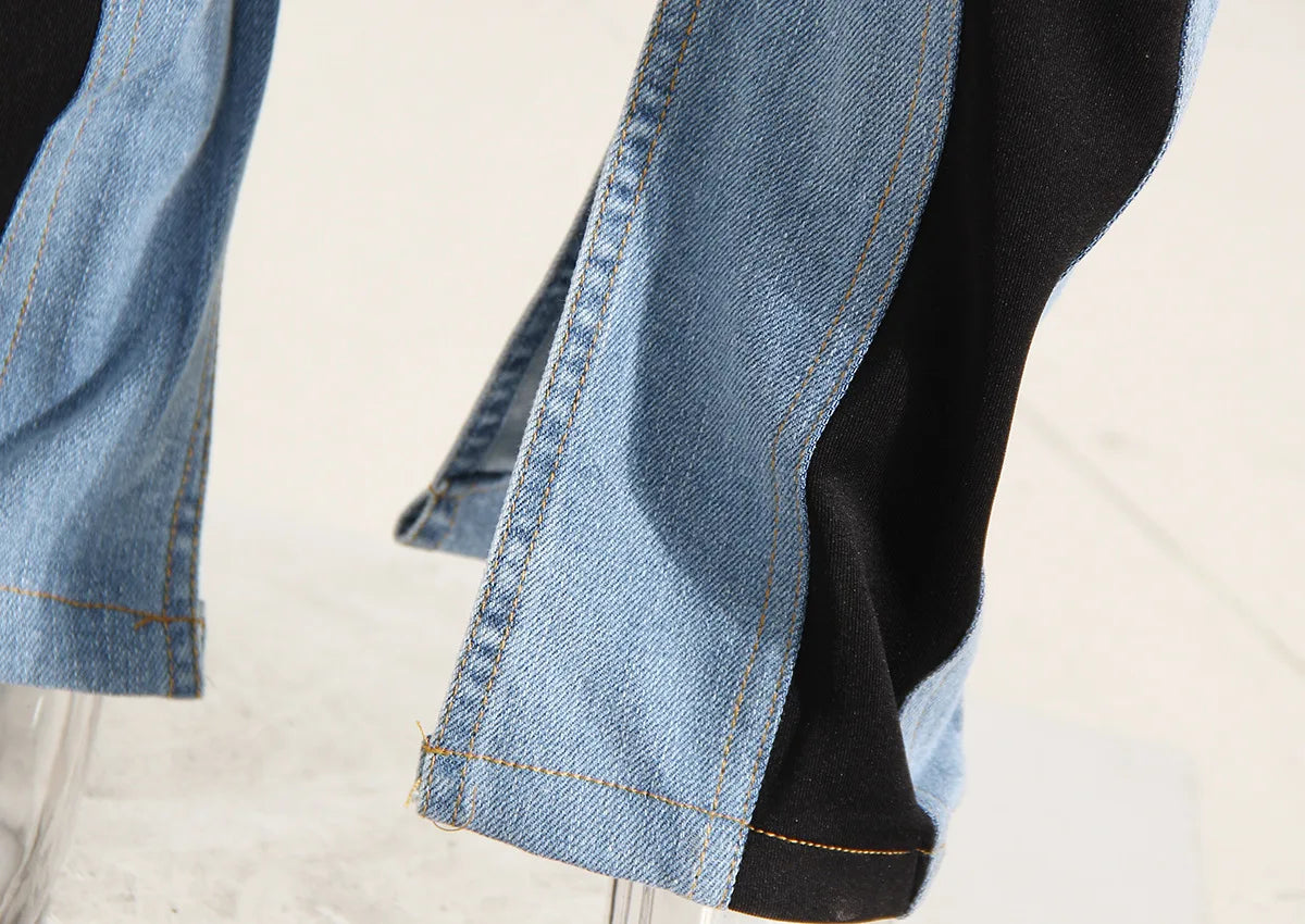 Fashion Designer Color Block Women's Jeans Slim Deconstruct Panelled Patchwork High Waist Split Blue Long Denim Pants Autumn