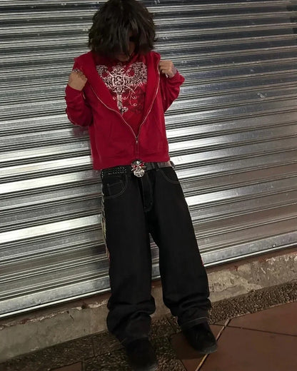 2000s Street Fashion Pants New Oversized Letter Embroidered Loose Jeans Men Harajuku Retro Goth High Waist Casual Wide Leg Pants