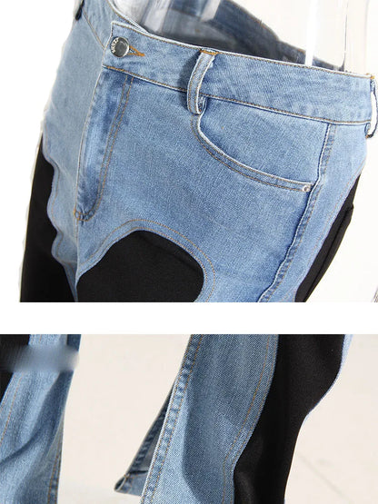 Fashion Designer Color Block Women's Jeans Slim Deconstruct Panelled Patchwork High Waist Split Blue Long Denim Pants Autumn