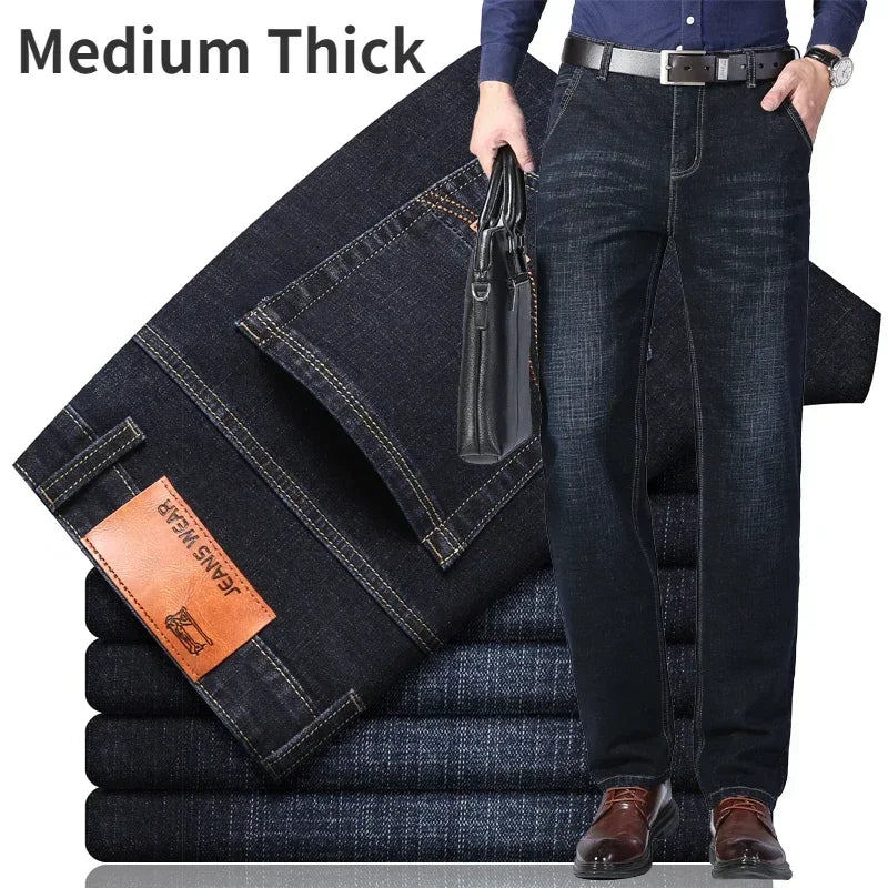 2024 Brand Thin or Thick Material Men's Elastic Cotton Jeans Fashion Gray Comfortable Denim Business Casual High Waist Pants