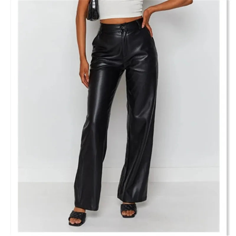 Pantalon en cuir PU taille haute, élégant et uni, style urbain