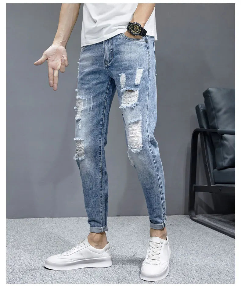 TFETTERS 2025 Spring Summer Men Ripped Jeans Cropped Mid Rise Stretch Hip Hop Punk Pencil Pants Streetwear Party Men Clothing