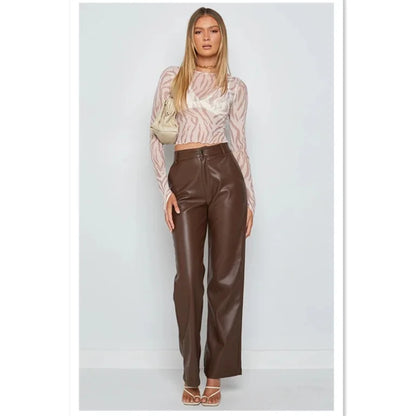 Pantalon en cuir PU taille haute, élégant et uni, style urbain