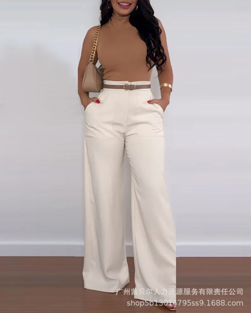 Pantalons longs pour femmes, larges, taille haute et  droit