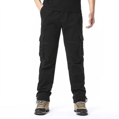 2025 100% Cotton Cargo Pants Men Solid Color Large Pocket Loose Overalls Elastic Waist Casual Trousers Military Tacticl Pants