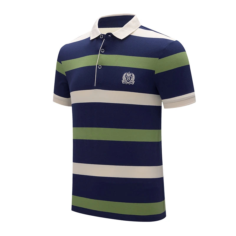 Polo d'été classique à rayures pour homme, en coton, à manches courtes, brodé, décontracté