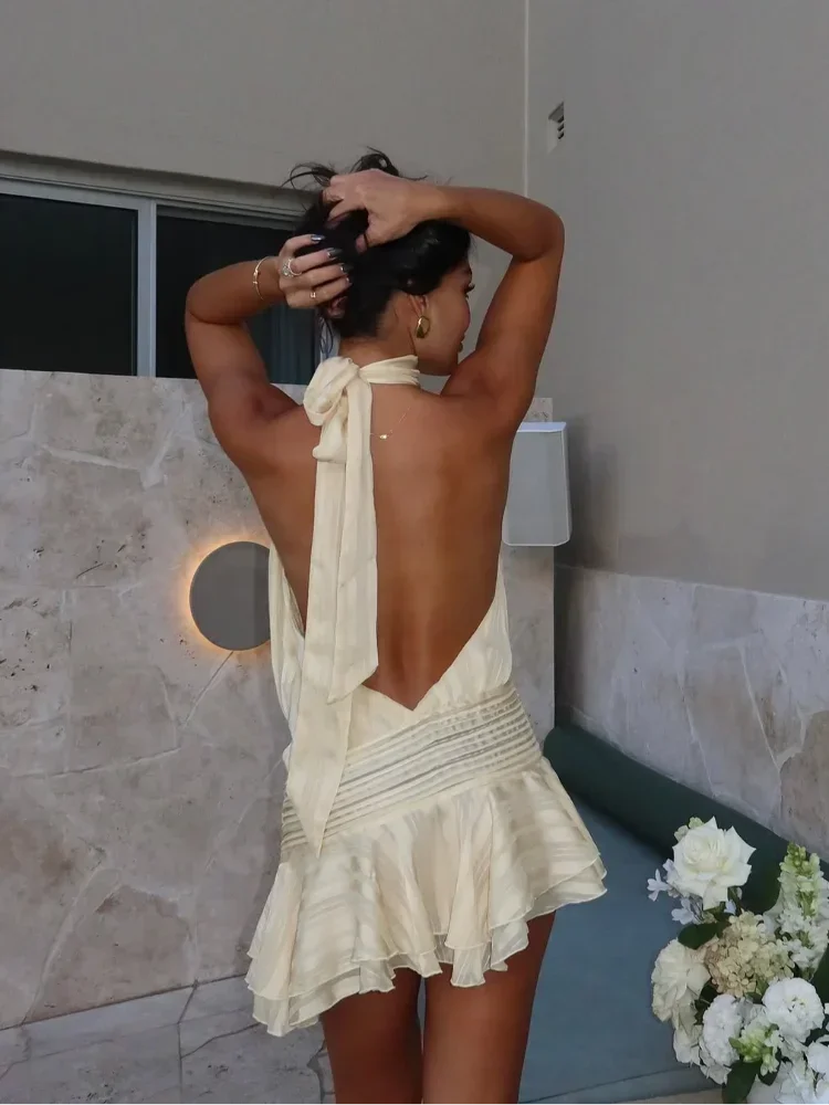 Robe courte sexy dos nu pour femme, couleur unie, sans manches, plissée, en mousseline de soie