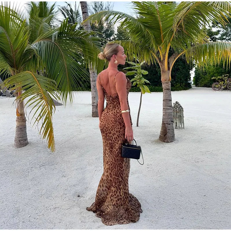 Robe sexy à imprimé léopard, sans manches, dos nu, coupe ajustée, style queue de poisson