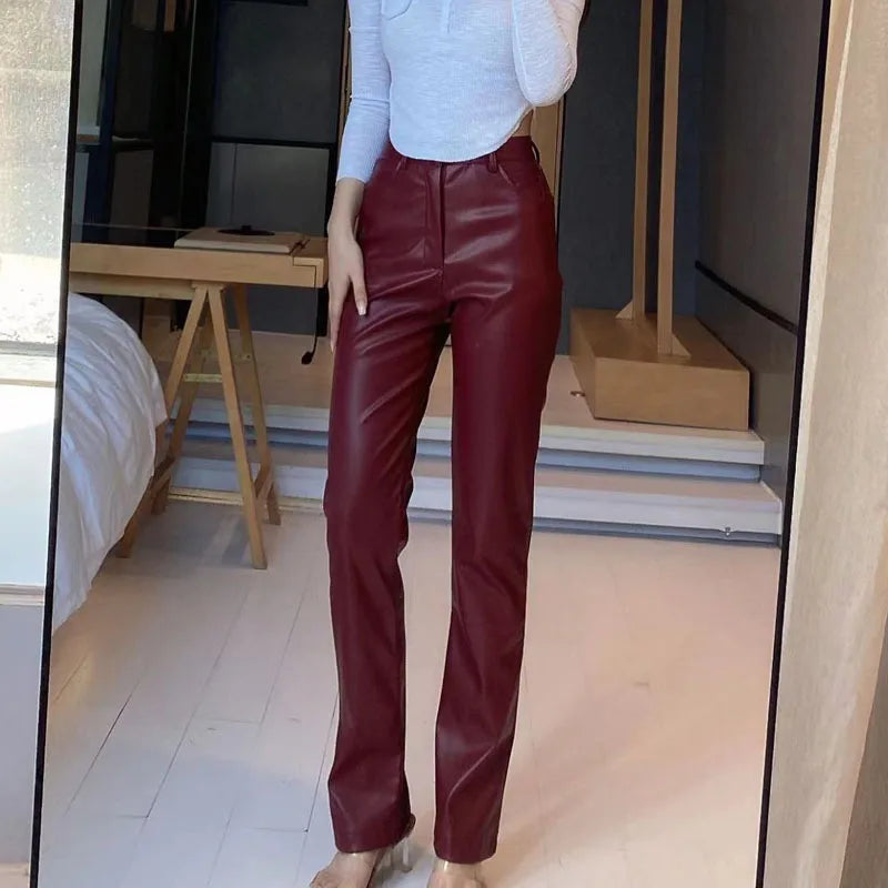 Pantalon en cuir PU taille haute, élégant et uni, style urbain