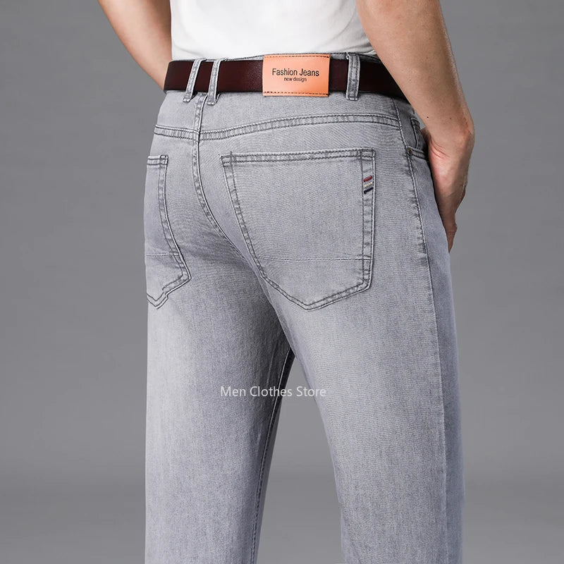 2024 Brand Thin or Thick Material Men's Elastic Cotton Jeans Fashion Gray Comfortable Denim Business Casual High Waist Pants