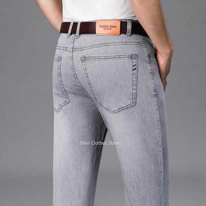 2024 Brand Thin or Thick Material Men's Elastic Cotton Jeans Fashion Gray Comfortable Denim Business Casual High Waist Pants